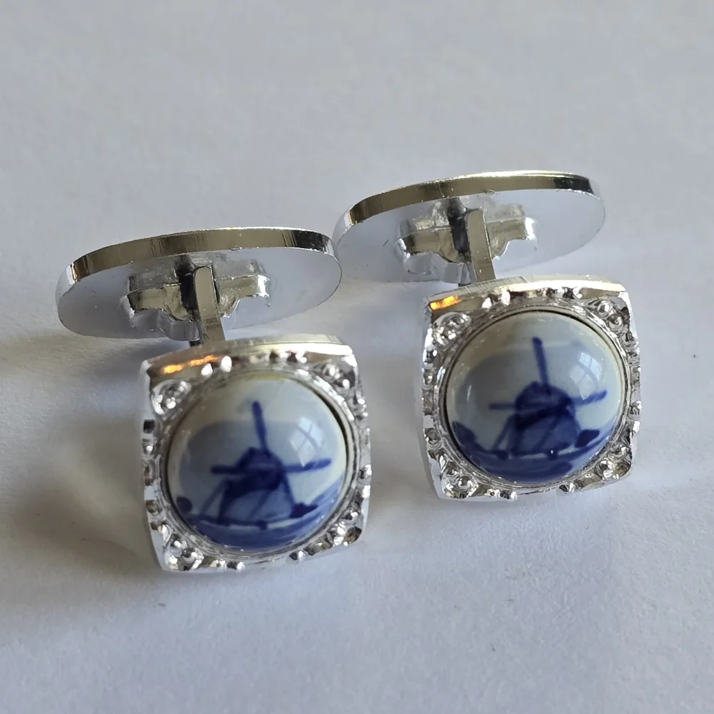 Vintage cufflinks Delft windmill silver tone Dutch blue white cuff links